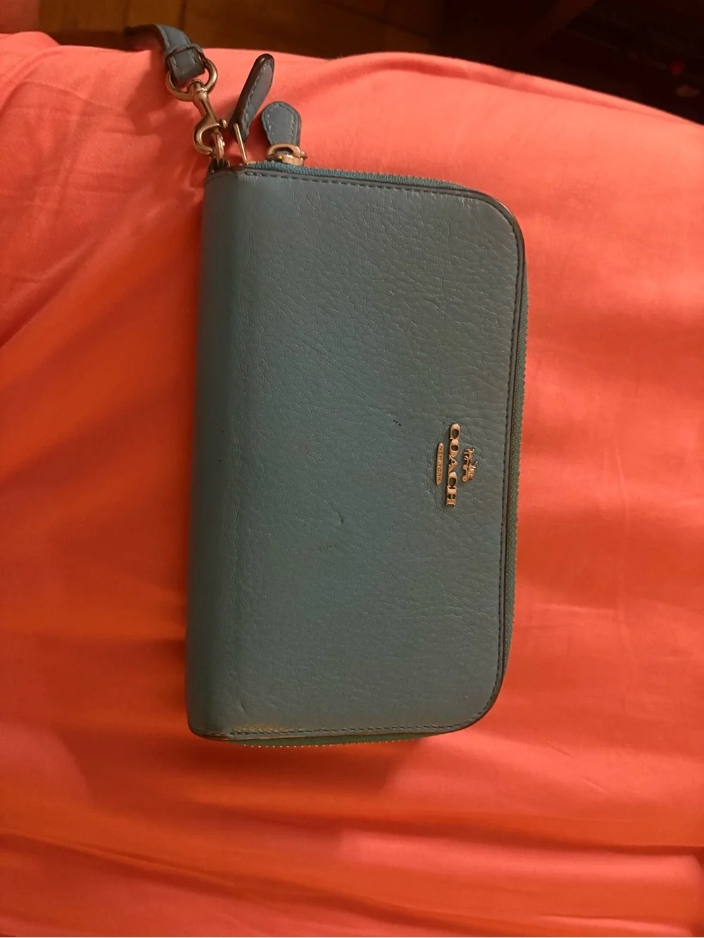 Coach Teal Leather Zip Wristlet Wallet with Gold Hardware